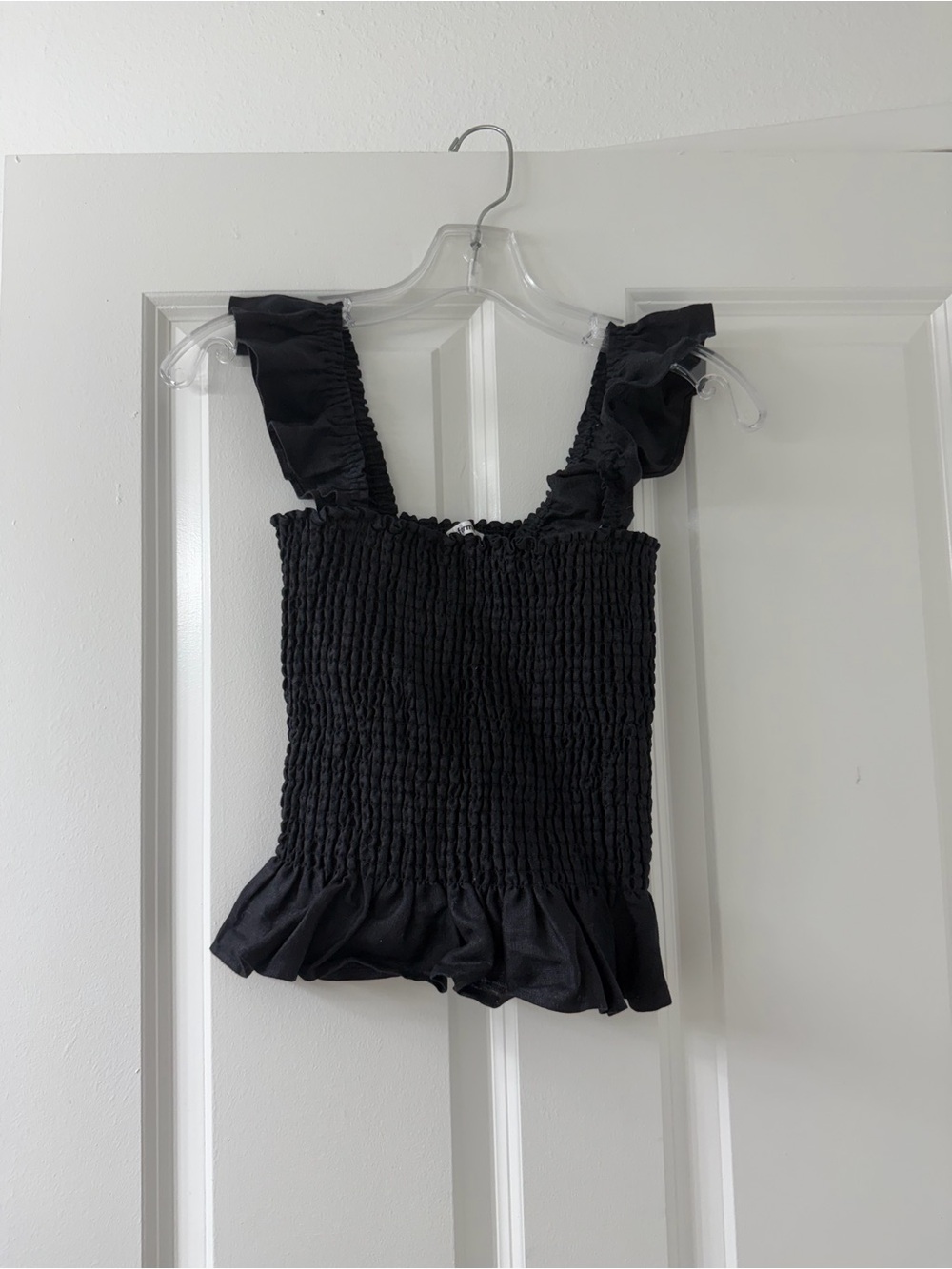 Reformation Black Smocked Ruffle Crop Top